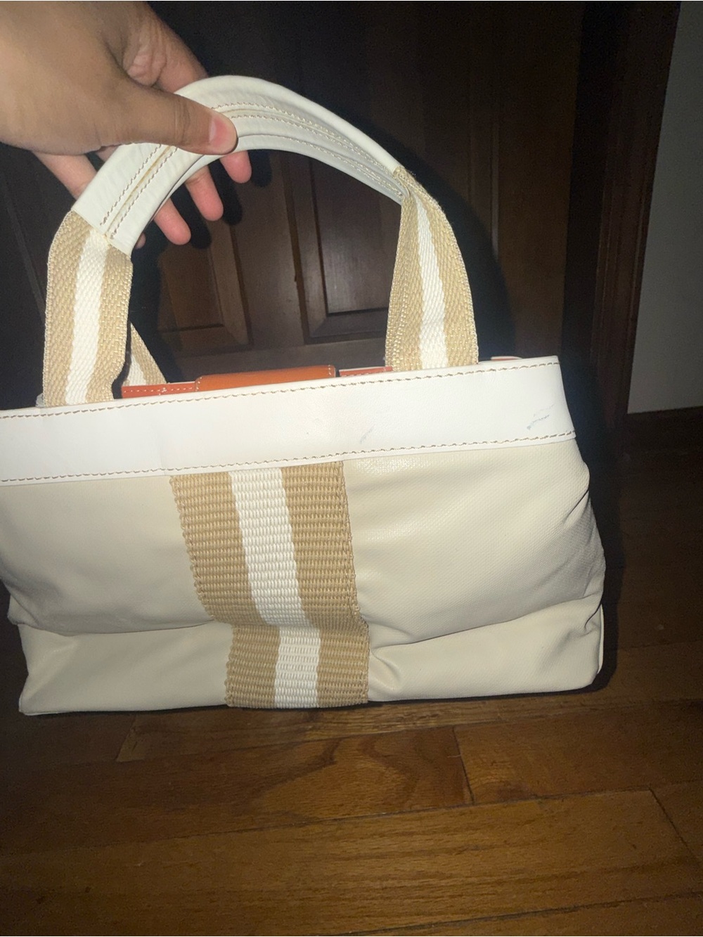 Maxx New York Cream & Tan Stripe Top-Handle Shoulder Bag